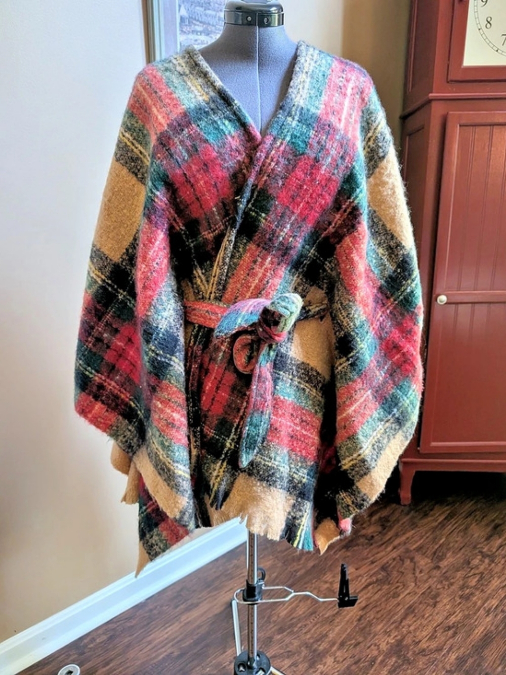 Mud Pie Plaid Tie-Front Cape in Red & Multicolor NWT